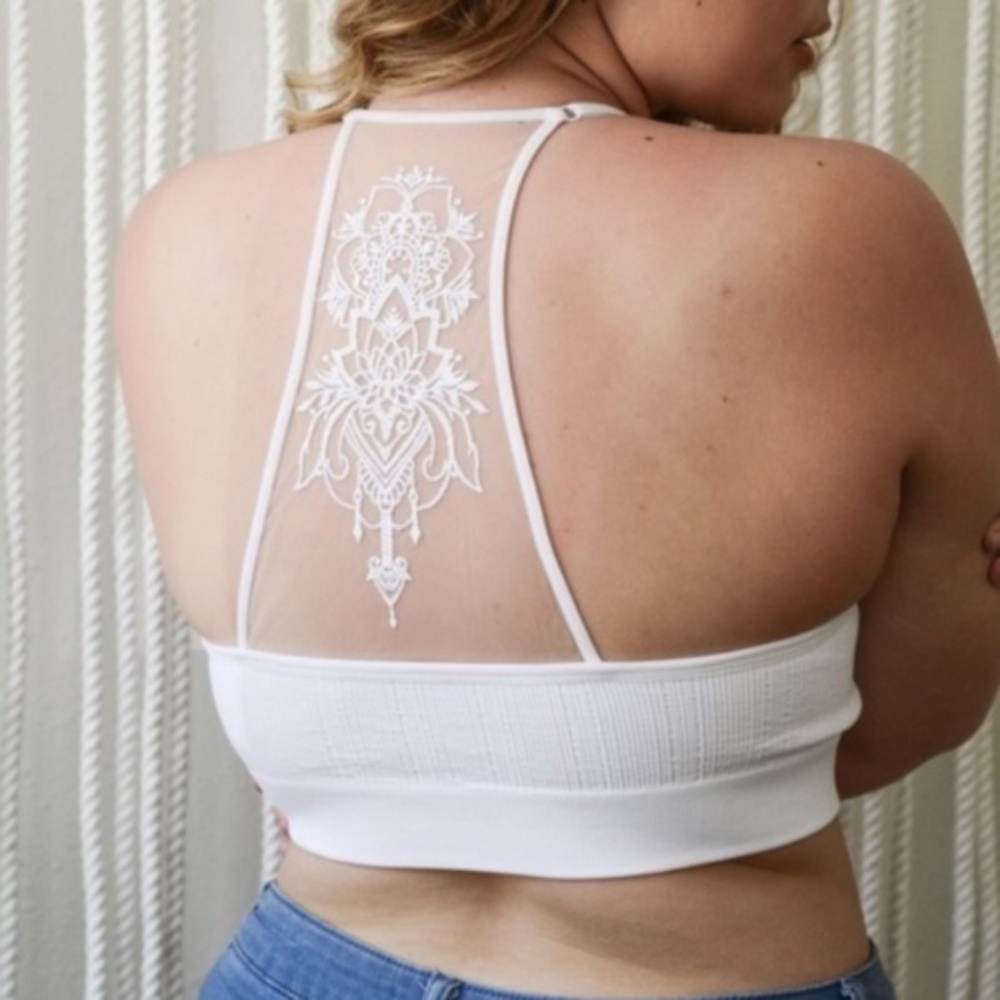 PLUS Boho Racerback Mesh Bralette White Floral Seamless
